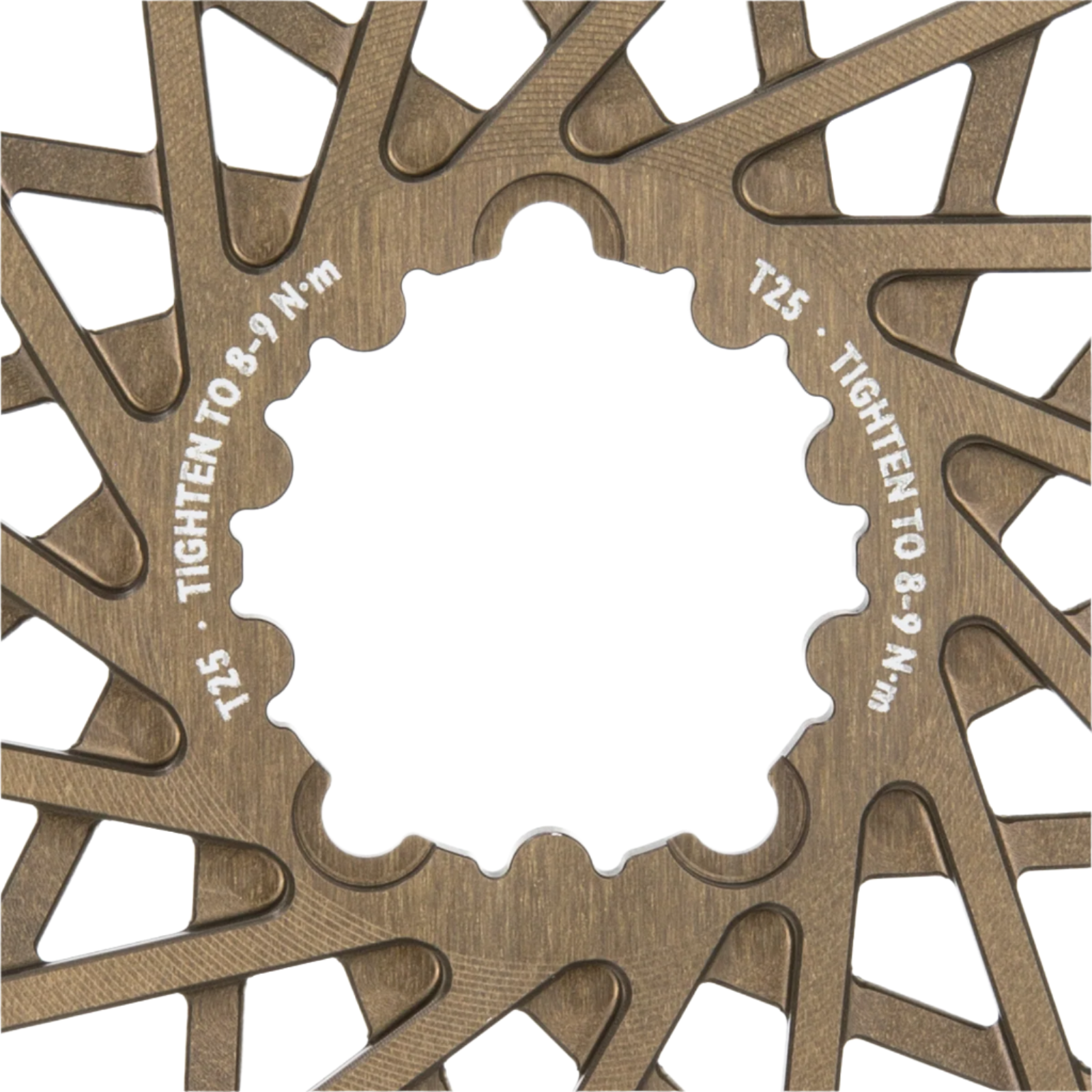 Close-up of a metallic sprocket with text on a white background