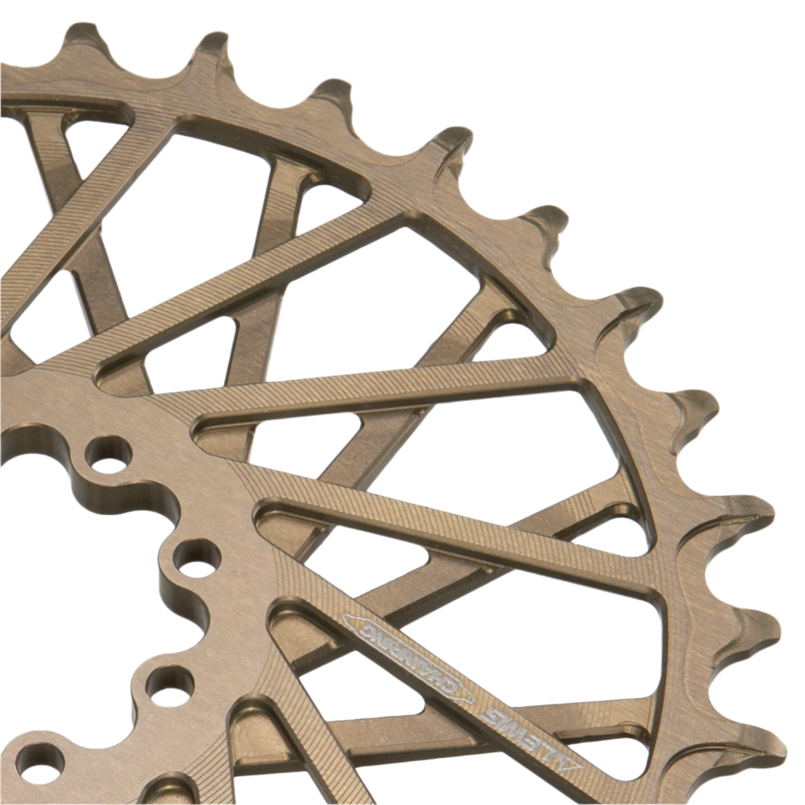 Close-up of a metal chainring on a white background