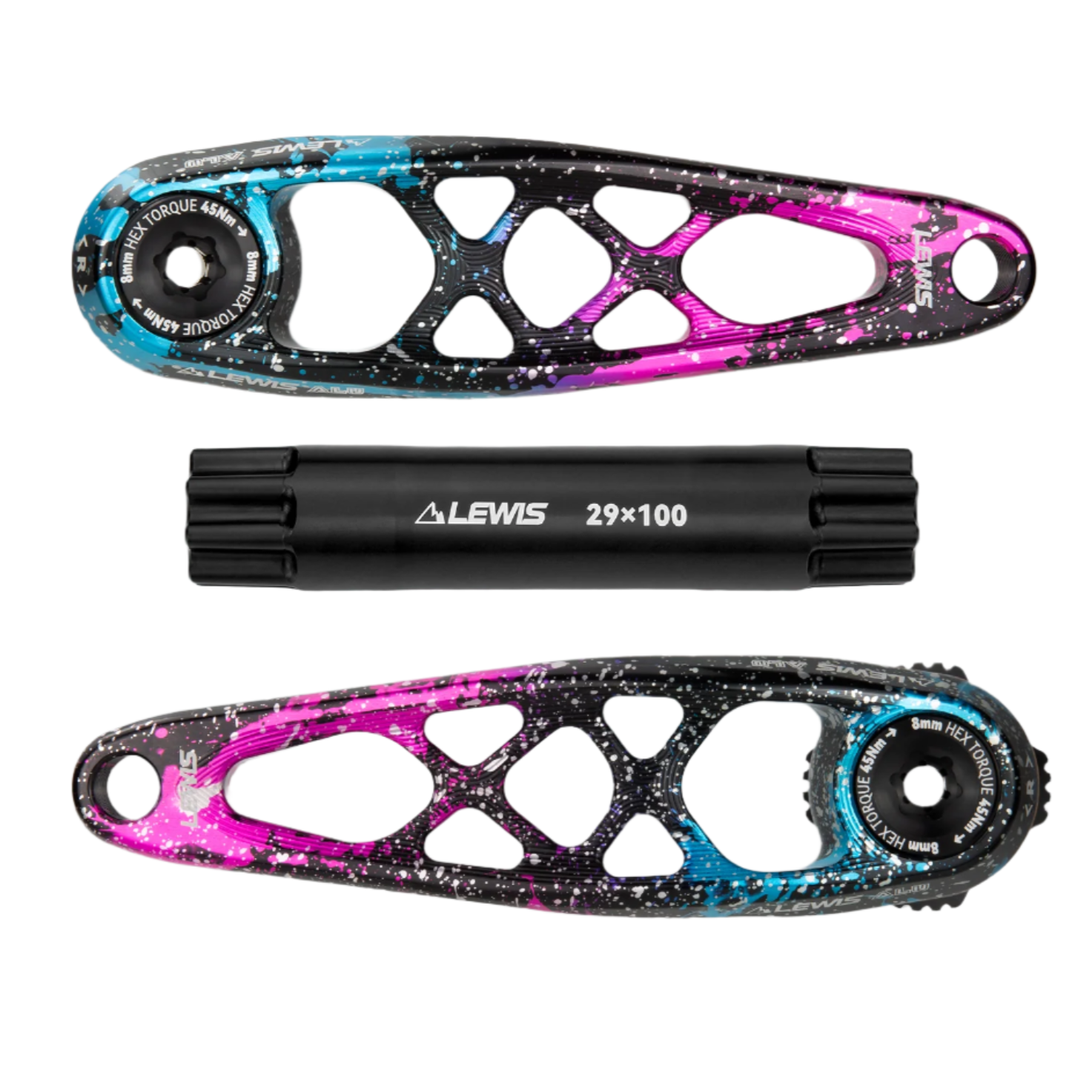 Two pink and blue speckled components with a black cylindrical tool on a white background, featuring the LEWIS brand.