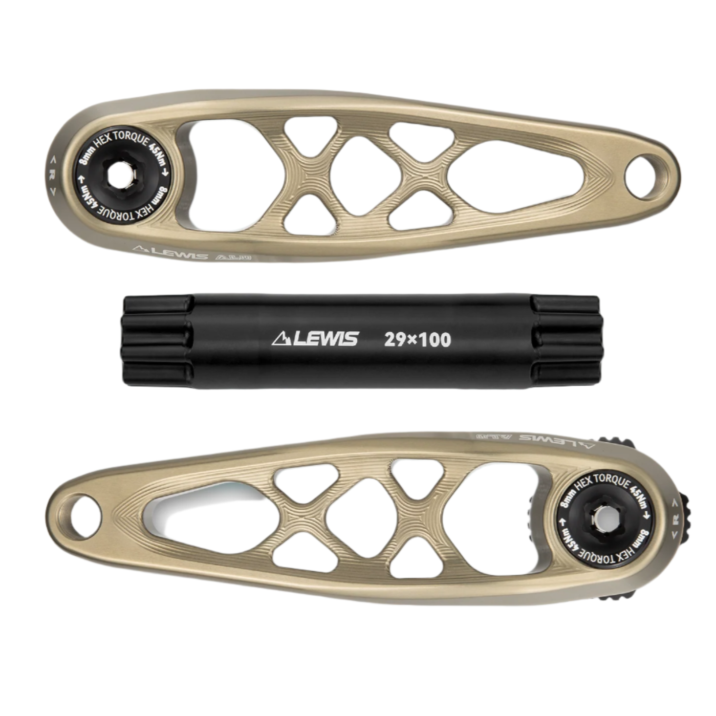 Two gold metal components and a black cylindrical tool with 'LEWIS' branding on a light blue background.