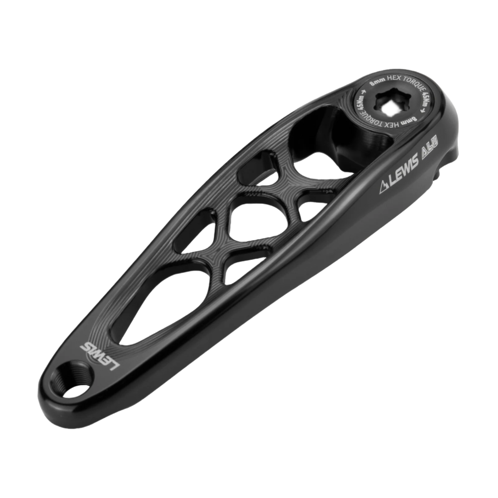 Black bicycle crank arm with 'LEWIS' branding on a white background