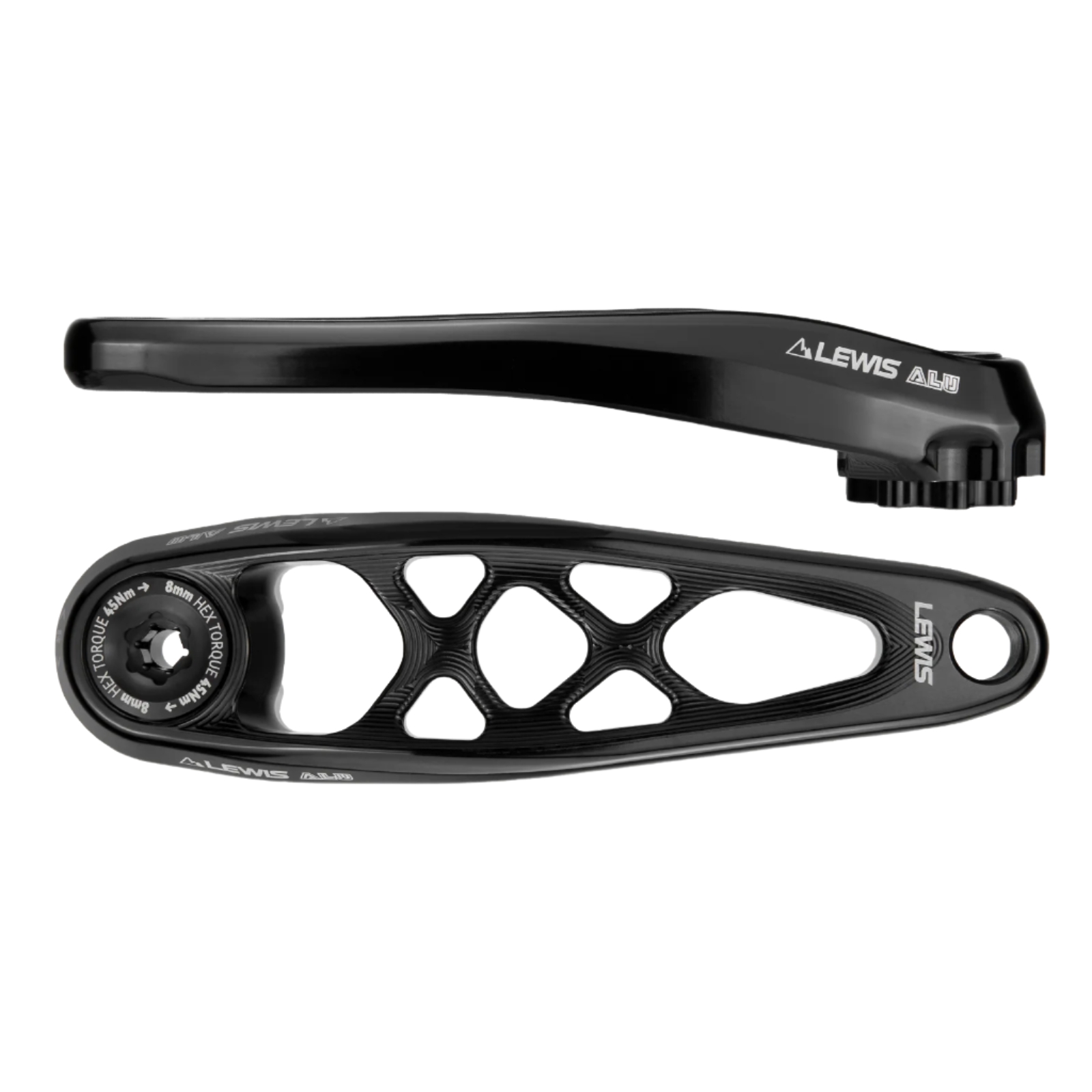 Black bicycle crankset with 'LEWIS' branding on a white background