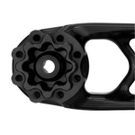 Close-up of a black metal component on a white background
