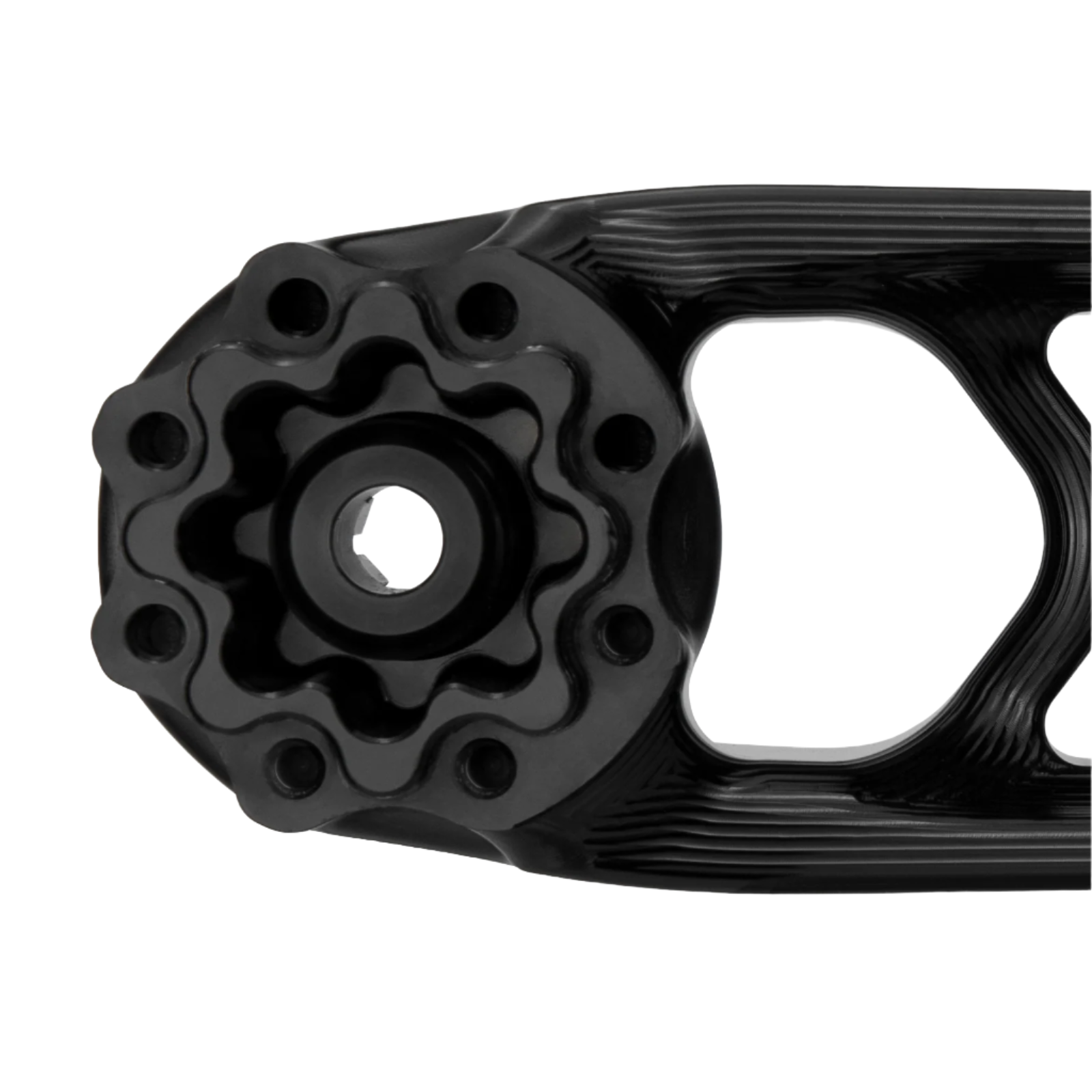 Close-up of a black metal component on a white background